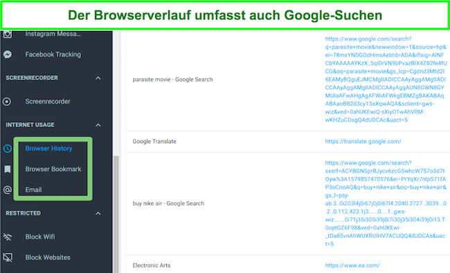 Der mSpy-Browserverlauf enth&auml;lt einen Screenshot der Google-Suche