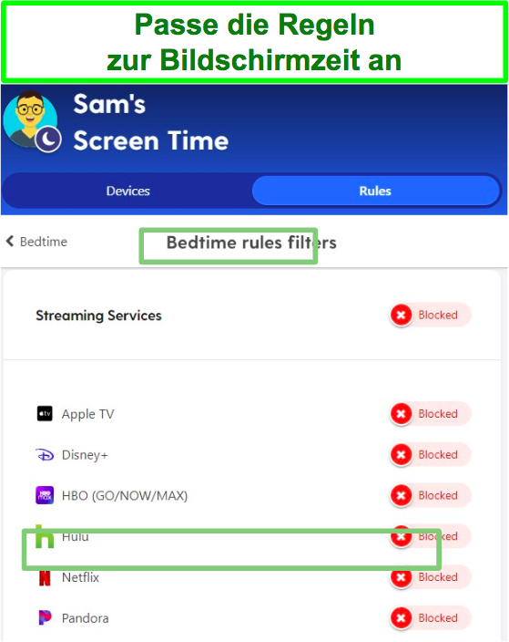 Screenshot der Bildschirmzeitregeln f&uuml;r die Kindersicherung von Netflix