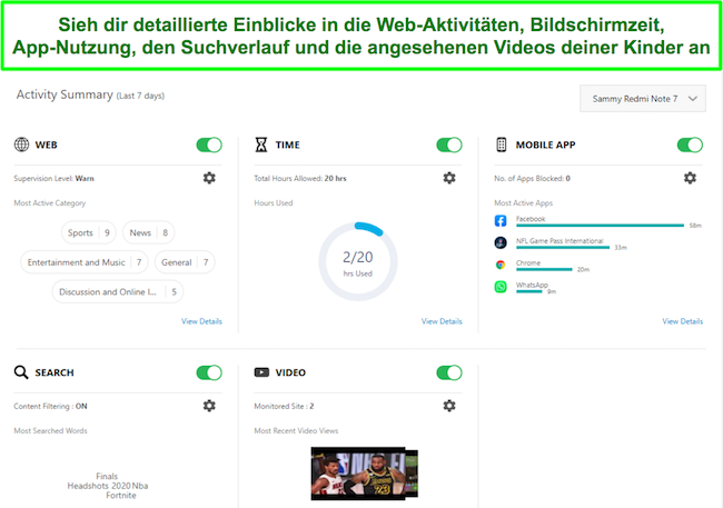 Screenshot der Norton Family-&Uuml;bersicht
