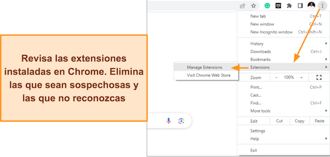 Captura de pantalla de la opci&oacute;n del men&uacute; de Chrome que muestra el bot&oacute;n de extensiones