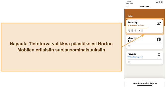 Kuvakaappaus siit&auml;, kuinka k&auml;ytt&auml;&auml; Nortonin turvaominaisuuksia iOS:ss&auml;