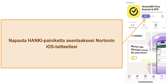 Kuvakaappaus siit&auml;, kuinka asentaa Norton iOS-laitteille