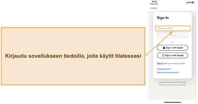 Kuvakaappaus siit&auml;, kuinka kirjautua sis&auml;&auml;n Nortonin mobiilisovellukseen