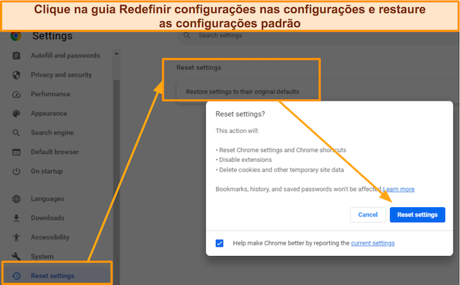 Captura de tela mostrando a op&ccedil;&atilde;o Restaurar configura&ccedil;&otilde;es do Chrome