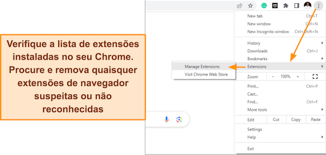 Captura de tela da op&ccedil;&atilde;o de menu do Chrome mostrando o bot&atilde;o de extens&otilde;es