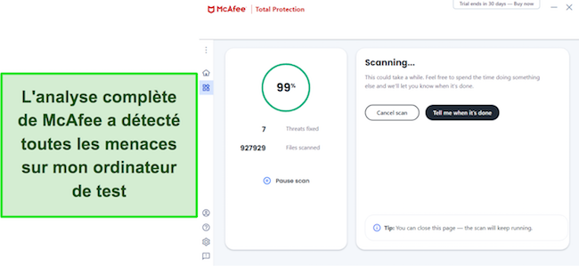 Capture d'&eacute;cran de l'analyse McAfee en cours
