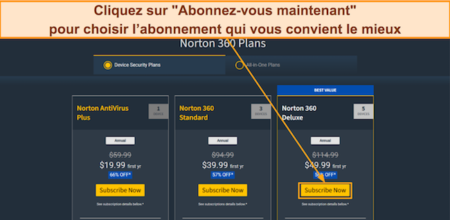 Capture d'&eacute;cran montrant comment souscrire &agrave; l'un des forfaits Norton