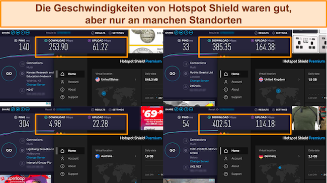 Screenshot von 4 Geschwindigkeitstests, w&auml;hrend Hotspot Shield mit Servern in den USA, Gro&szlig;britannien, Deutschland und Australien verbunden ist