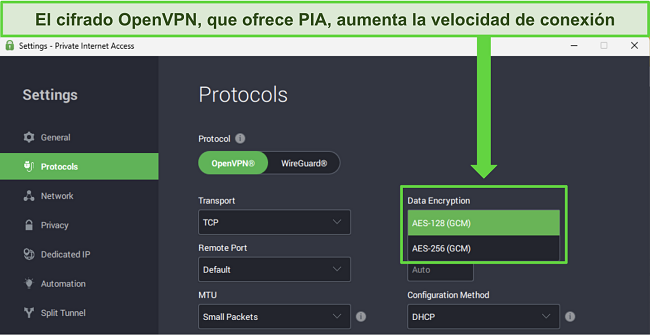 CImagen de la aplicaci&oacute;n de Windows de PIA, mostrando las caracter&iacute;sticas personalizables que pueden proporcionar un aumento en la velocidad de la red.