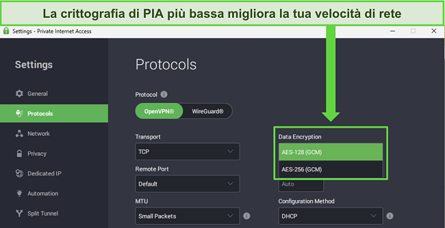  Immagine dell'app Windows di PIA, che mostra le funzionalit&agrave; personalizzabili in grado di fornire un incremento della velocit&agrave; di rete.