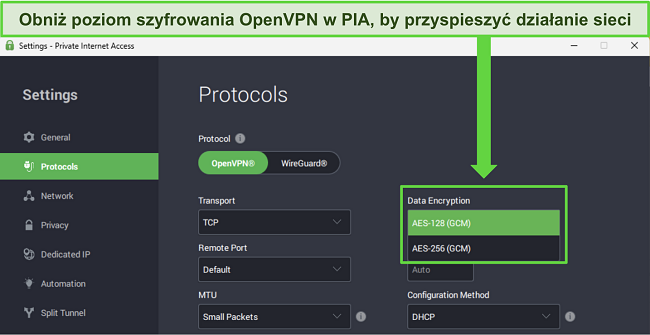 Polish: Zdjęcie aplikacji Windows PIA, pokazujące dostosowywalne funkcje, kt&oacute;re mogą zwiększyć prędkość sieci.