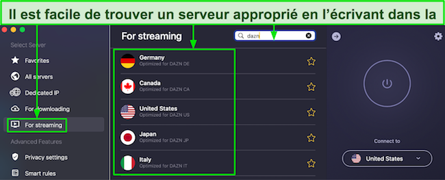 Capture d'&eacute;cran de la liste des serveurs optimis&eacute;s pour le streaming de CyberGhost sur son application Mac