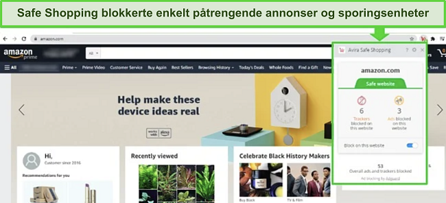 Skjermbilde av Avira Trygg Nettlesing-utvidelsen i aksjon, effektivt blokkerer annonser p&aring; Amazon, og viser en av de beste gratis Windows antivirusl&oslash;sningene.
