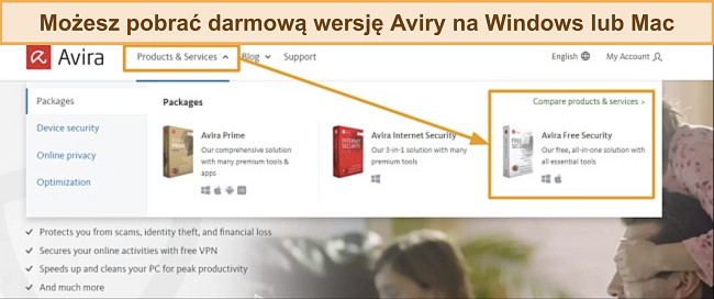 Zrzut ekranu ze strony pobierania darmowego antywirusa Avira, oferującej użytkownikom bezpieczne i niezawodne rozwiązanie antywirusowe bez koszt&oacute;w.