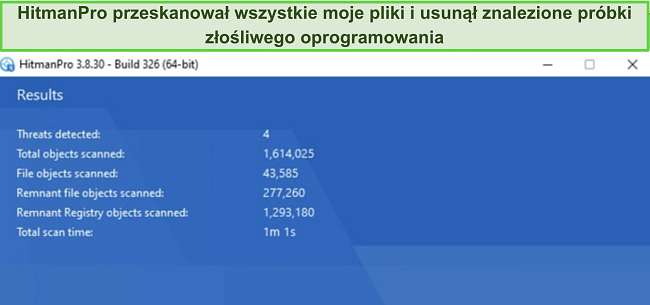 Strona wynik&oacute;w skanowania Sophos HitmanPro