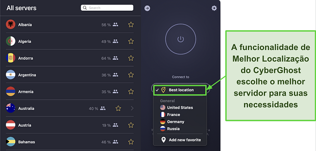 Captura de tela mostrando a funcionalidade de melhor localiza&ccedil;&atilde;o da CyberGhost no menu de sele&ccedil;&atilde;o de pa&iacute;s