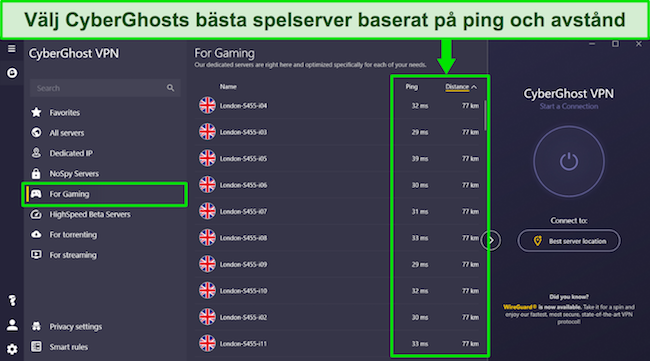 Sk&auml;rmdump som visar CyberGhosts anv&auml;ndargr&auml;nssnitt och visar dess speloptimerade servrar i London