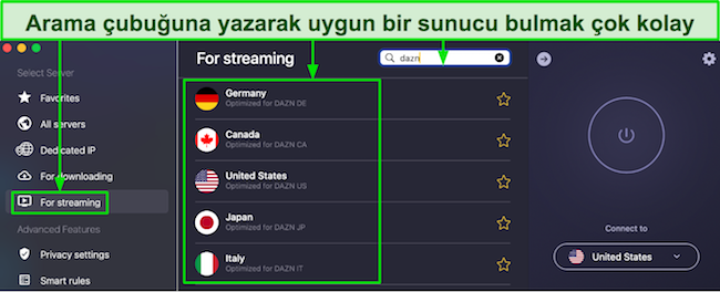CyberGhost'un Mac uygulamasında akış i&ccedil;in optimize edilmiş sunucular listesinin ekran g&ouml;r&uuml;nt&uuml;s&uuml;