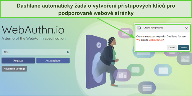 Sn&iacute;mek obrazovky, na kter&eacute;m Dashlane ž&aacute;d&aacute; o vytvořen&iacute; př&iacute;stupov&eacute;ho kl&iacute;če pro webauthn.io