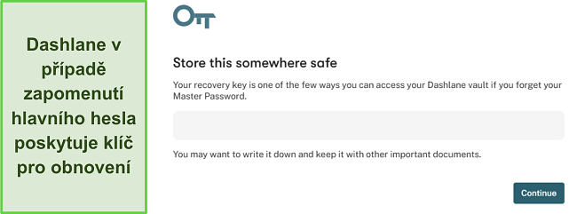 Sn&iacute;mek obrazovky ukazuj&iacute;c&iacute; funkci obnovovac&iacute;ho kl&iacute;če Dashlane