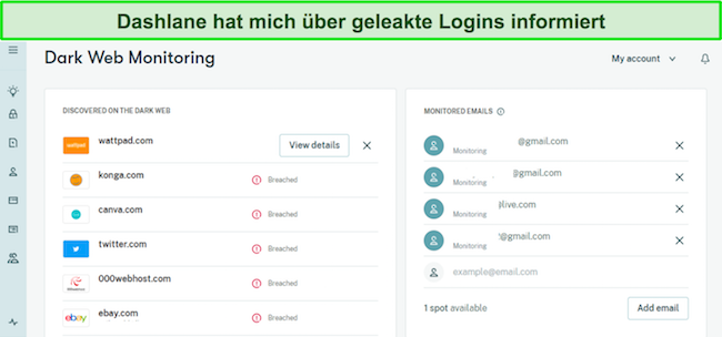 Screenshot der Ergebnisse der Dashlane Dark Web-&Uuml;berwachung