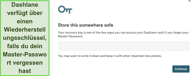 Screenshot zeigt die Wiederherstellungsschl&uuml;sselfunktion von Dashlane