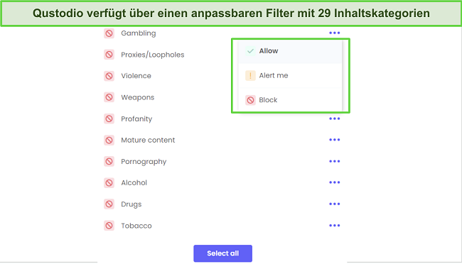 Sie k&ouml;nnen leicht einstellen, wie der Webfilter auf jede der 29 Kategorien reagiert