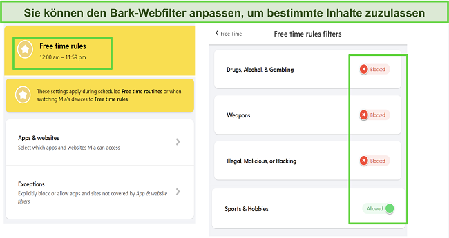 Sie k&ouml;nnen w&auml;hlen, welche Websitekategorien w&auml;hrend der Freizeit Ihres Kindes verf&uuml;gbar sind