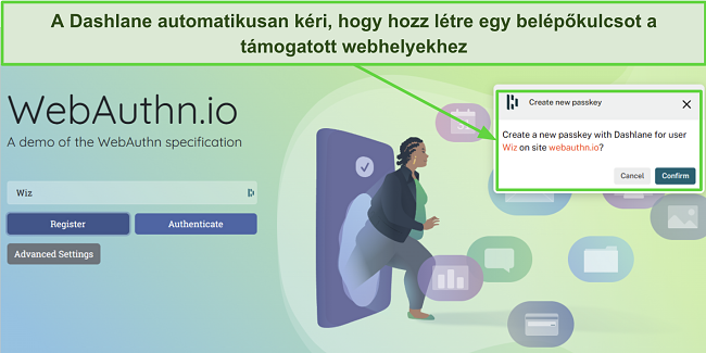 K&eacute;pernyők&eacute;p arr&oacute;l, hogy a Dashlane k&eacute;ri egy kulcs l&eacute;trehoz&aacute;s&aacute;t a webauthn.io sz&aacute;m&aacute;ra