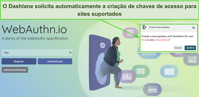 Captura de tela do Dashlane solicitando a cria&ccedil;&atilde;o de uma chave de acesso para webauthn.io