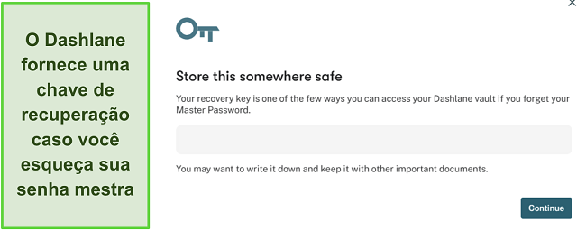 Captura de tela mostrando a funcionalidade de chave de recupera&ccedil;&atilde;o do Dashlane