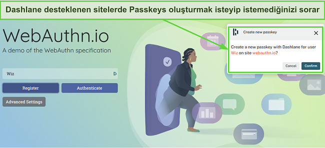 Dashlane'in webauthn.io i&ccedil;in bir ge&ccedil;iş anahtarı oluşturulması isteğini g&ouml;steren ekran g&ouml;r&uuml;nt&uuml;s&uuml;