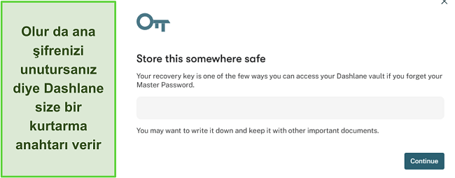 Dashlane'in kurtarma anahtarı &ouml;zelliğini g&ouml;steren ekran g&ouml;r&uuml;nt&uuml;s&uuml;
