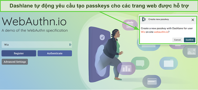 Ảnh chụp m&agrave;n h&igrave;nh Dashlane y&ecirc;u cầu tạo mật khẩu cho webauthn.io