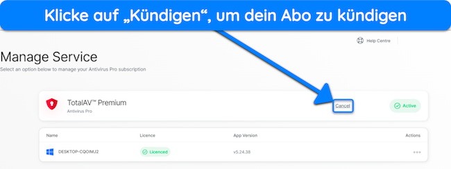 Screenshot, der zeigt, wie Sie den K&uuml;ndigungsprozess f&uuml;r Ihr TotalAV-Abonnement starten