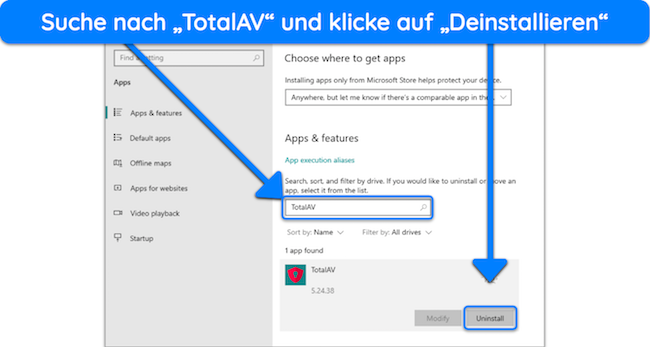 Screenshot, der zeigt, wie man TotalAV &uuml;ber das Men&uuml; &bdquo;Apps & Funktionen&ldquo; deinstalliert