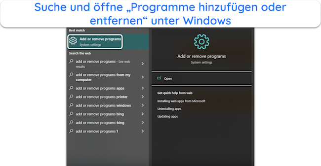 Screenshot, der zeigt, wie das Windows-Men&uuml; &bdquo;Apps und Funktionen&ldquo; ge&ouml;ffnet wird