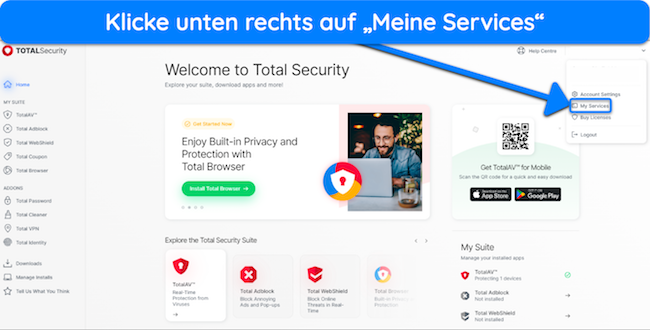 Screenshot, der zeigt, wie man im TotalAV-Webportal auf das Men&uuml; f&uuml;r aktive Abonnements zugreift