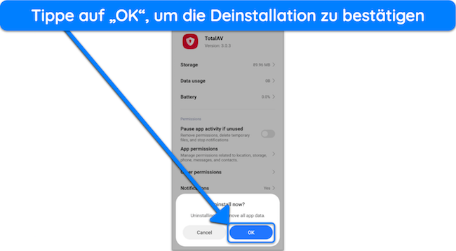 Screenshot, der zeigt, wie die Deinstallation von TotalAV von Android best&auml;tigt wird