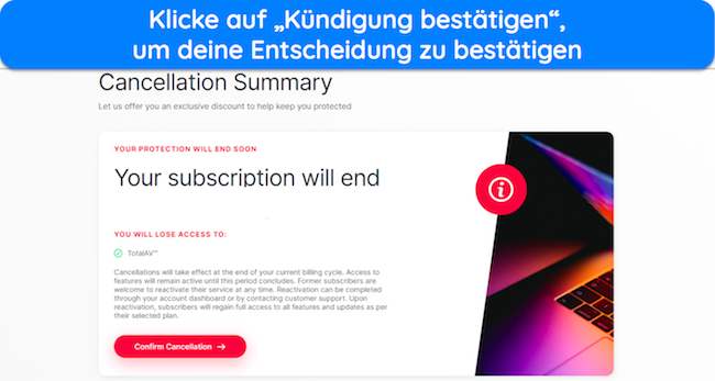Screenshot mit der endg&uuml;ltigen Best&auml;tigung vor der K&uuml;ndigung Ihres TotalAV-Kontos