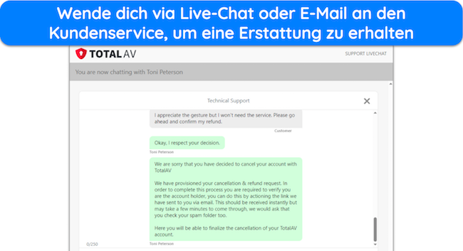 Screenshot eines Live-Chats, der eine R&uuml;ckerstattung f&uuml;r ein gek&uuml;ndigtes TotalAV-Abonnement genehmigt