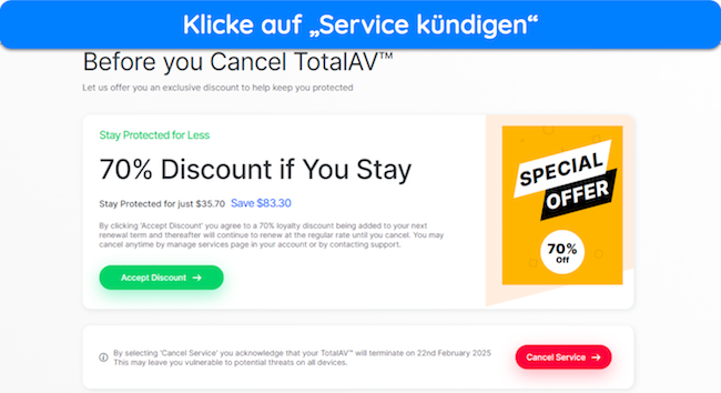 Screenshot eines Rabattangebots vor der K&uuml;ndigung von TotalAV