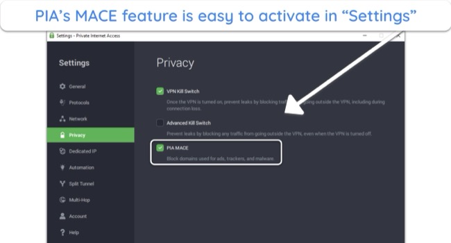 Screenshot of PIA's MACE feature in Settings