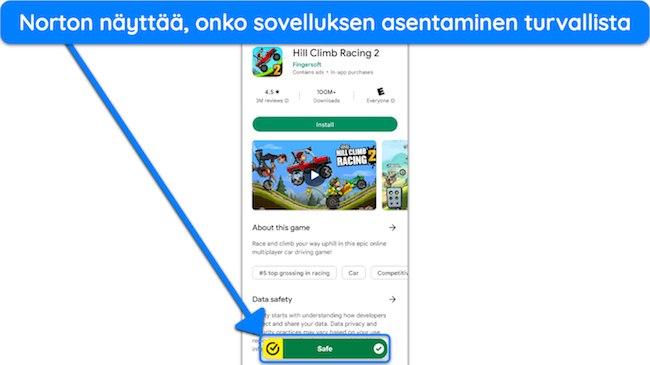 N&auml;ytt&ouml;kaappaus Nortonin App Advisorista, joka korostaa sovelluksen, joka on turvallinen asentaa