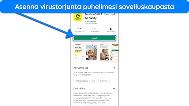 N&auml;ytt&ouml;kuva Nortonin asentamisesta Google Play -kaupan kautta