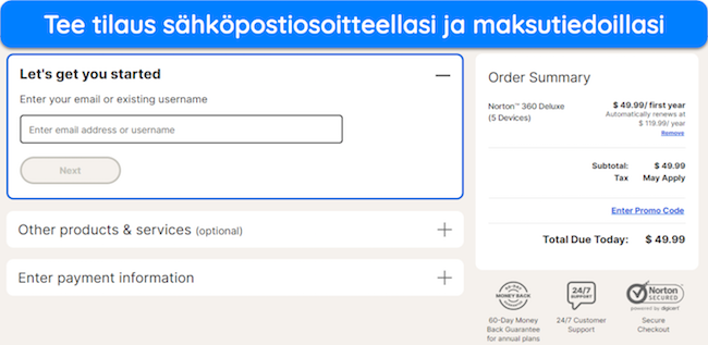 N&auml;ytt&ouml;kaappaus, joka n&auml;ytt&auml;&auml;, kuinka voit tilata valitsemasi Norton-tilauksen