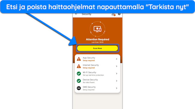 N&auml;ytt&ouml;kaappaus, joka n&auml;ytt&auml;&auml;, kuinka virustarkistus aloitetaan Nortonin Android-sovelluksella