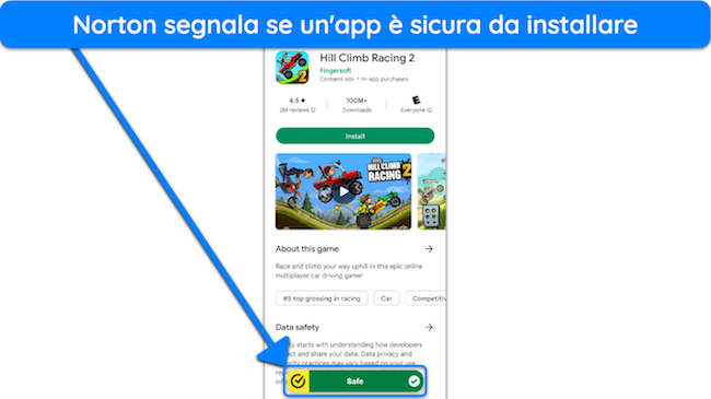Screenshot di App Advisor di Norton che evidenzia un'app sicura da installare