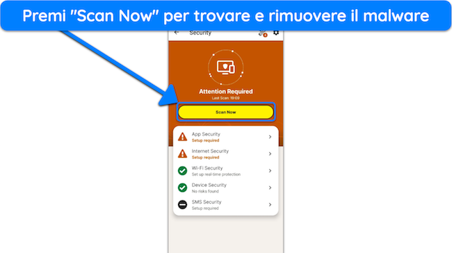 Screenshot che mostra come avviare una scansione antivirus utilizzando l'app Android di Norton