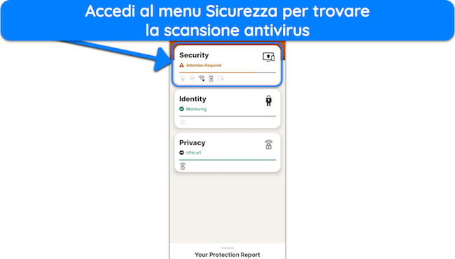 Screenshot che mostra come accedere al menu Sicurezza di Norton
